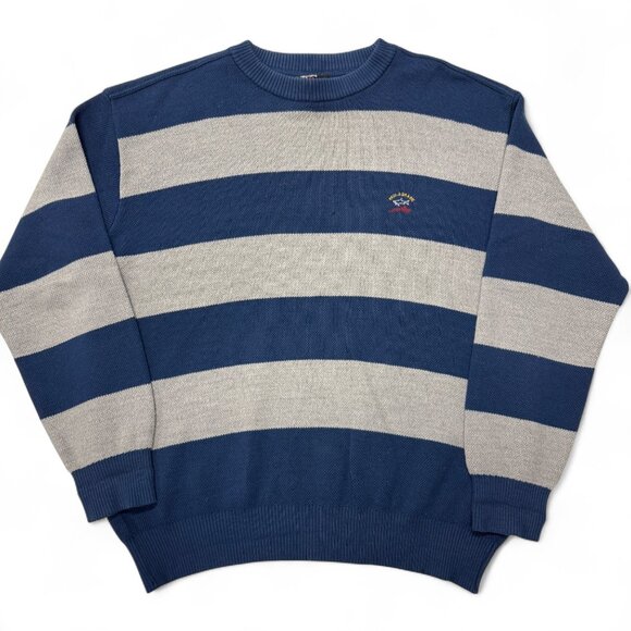 Paul & Shark Sweater Mens XL Italian Wool Blue Gray Striped Crewneck Pullover - Picture 1 of 9